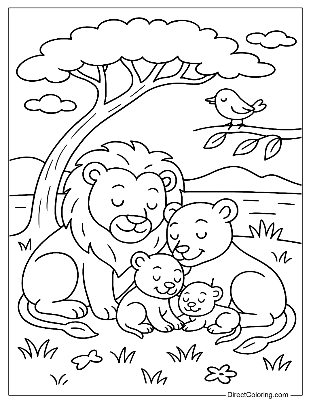 coloring page A lion family is taking a nap under the shade of a savanna tree, with clouds flying and birds perched